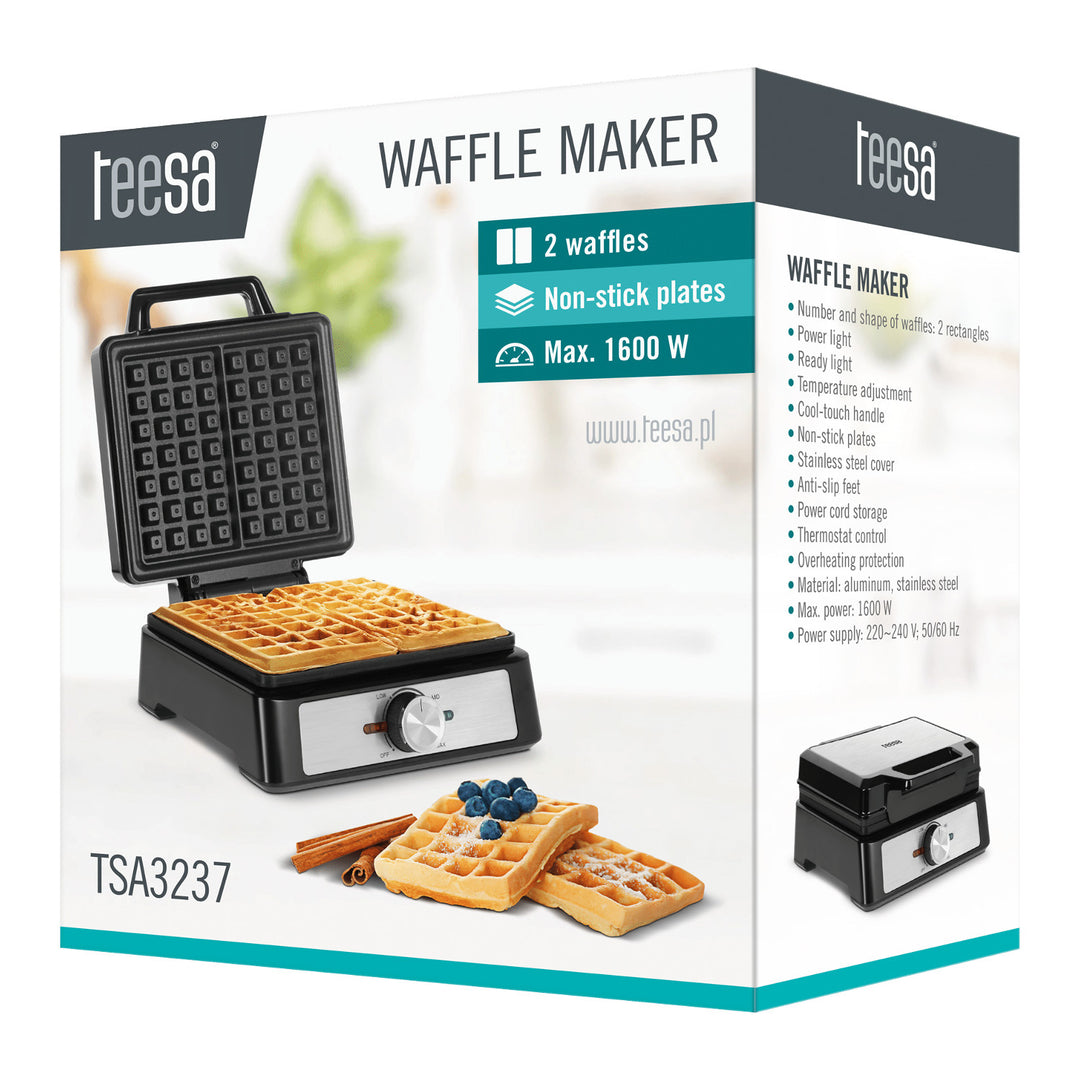 Gofrera Teesa, para 2 gofres, potencia 1600 W, regulación de potencia, TSA3237