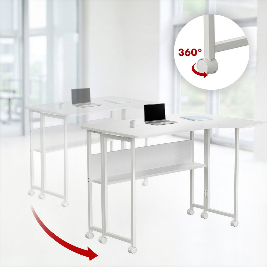 Mesa de trabajo plegable Maclean, blanca, con ruedas, 100 x 65 cm, máx. 50 kg, en ángulo, forma de L, MC-1250 L/W