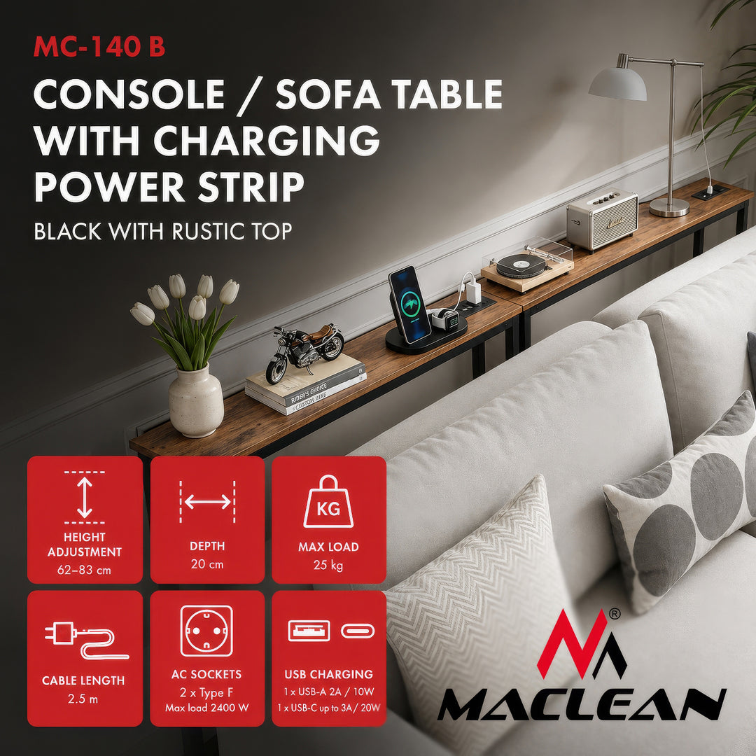 Consola/mesita con regladora de carga Maclean, negra con tablero rústico, altura regulable de 62 a 83 cm, peso máximo de 25 kg, cable de 2,5 m, MC-140 B