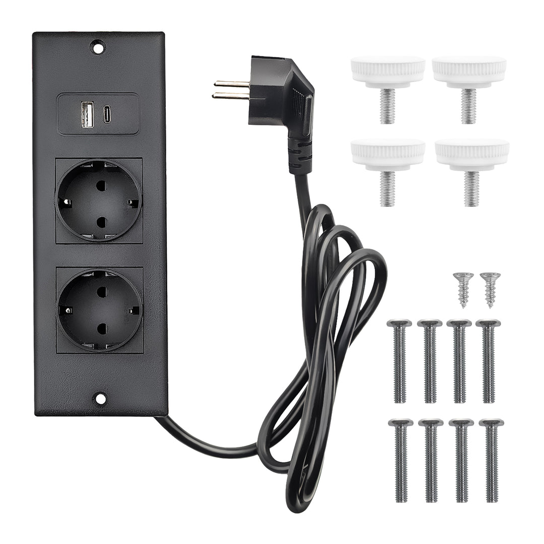 Consola/mesita con toma de corriente Maclean, blanca con tablero claro, altura regulable de 62 a 83 cm, hasta 25 kg, cable de 2,5 m, MC-140 W