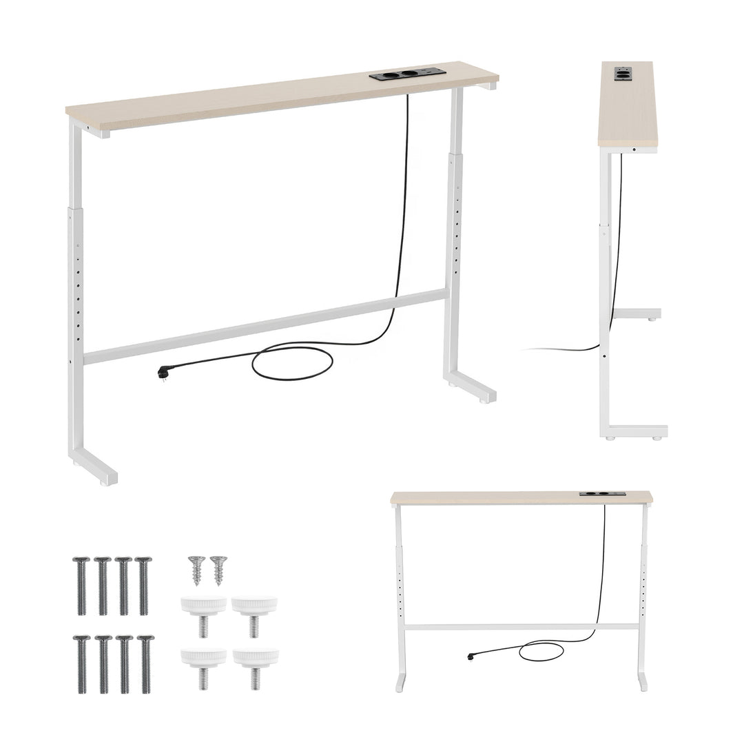 Consola/mesita con toma de corriente Maclean, blanca con tablero claro, altura regulable de 62 a 83 cm, hasta 25 kg, cable de 2,5 m, MC-140 W