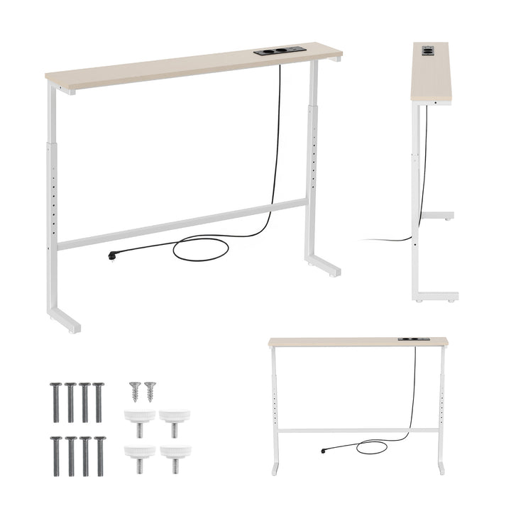 Consola/mesita con toma de corriente Maclean, blanca con tablero claro, altura regulable de 62 a 83 cm, hasta 25 kg, cable de 2,5 m, MC-140 W