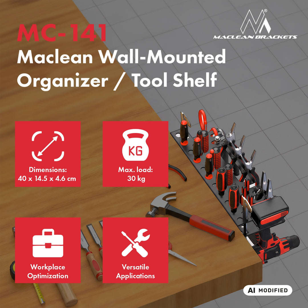 Organizador de pared / estante para herramientas Maclean, negro, dimensiones 40 x 14,5 x 4,6 cm, máx. 30 kg, MC-141