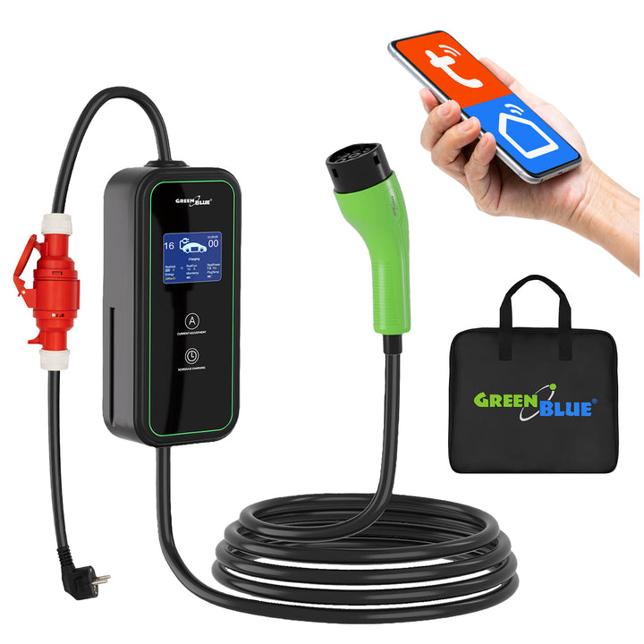 Cargador para vehículos eléctricos (EV) y híbridos enchufados (PHEV) GreenBlue, portátil, tipo 2, longitud del cable: 6,8 m, IP65, 11 kW, 220-380 V CA, 50/60 Hz, 16 A, trifásico, GB1100