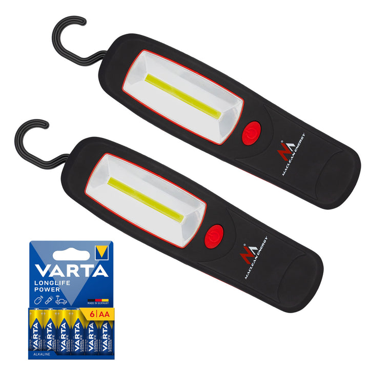 2 lámparas de taller COB LED Maclean, imán, gancho, MCE03 + 6 pilas R-06 R06 AA LR06 de 1,5 V VARTA Longlife Power