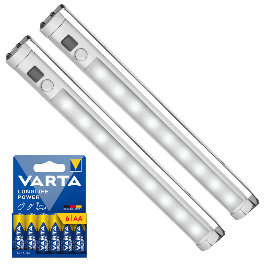 2 lámparas LED de cocina Maclean, para debajo de los armarios, 9 SMD, a pilas, con sensor PIR de encendido/apagado, MCE166 + 6 pilas R-06 R06 AA LR06 de 1,5 V VARTA Longlife Power