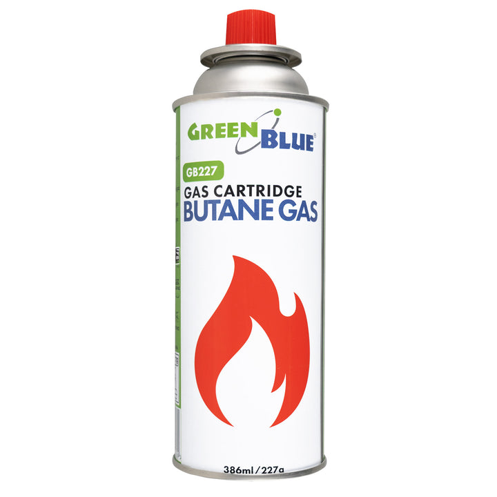 2 cartuchos de gas GreenBlue de 227 g. Certificado: Pi 0875, conforme a la norma EN 417, butano, rango de temperatura de funcionamiento: de -10 °C a +40 °C, GB227