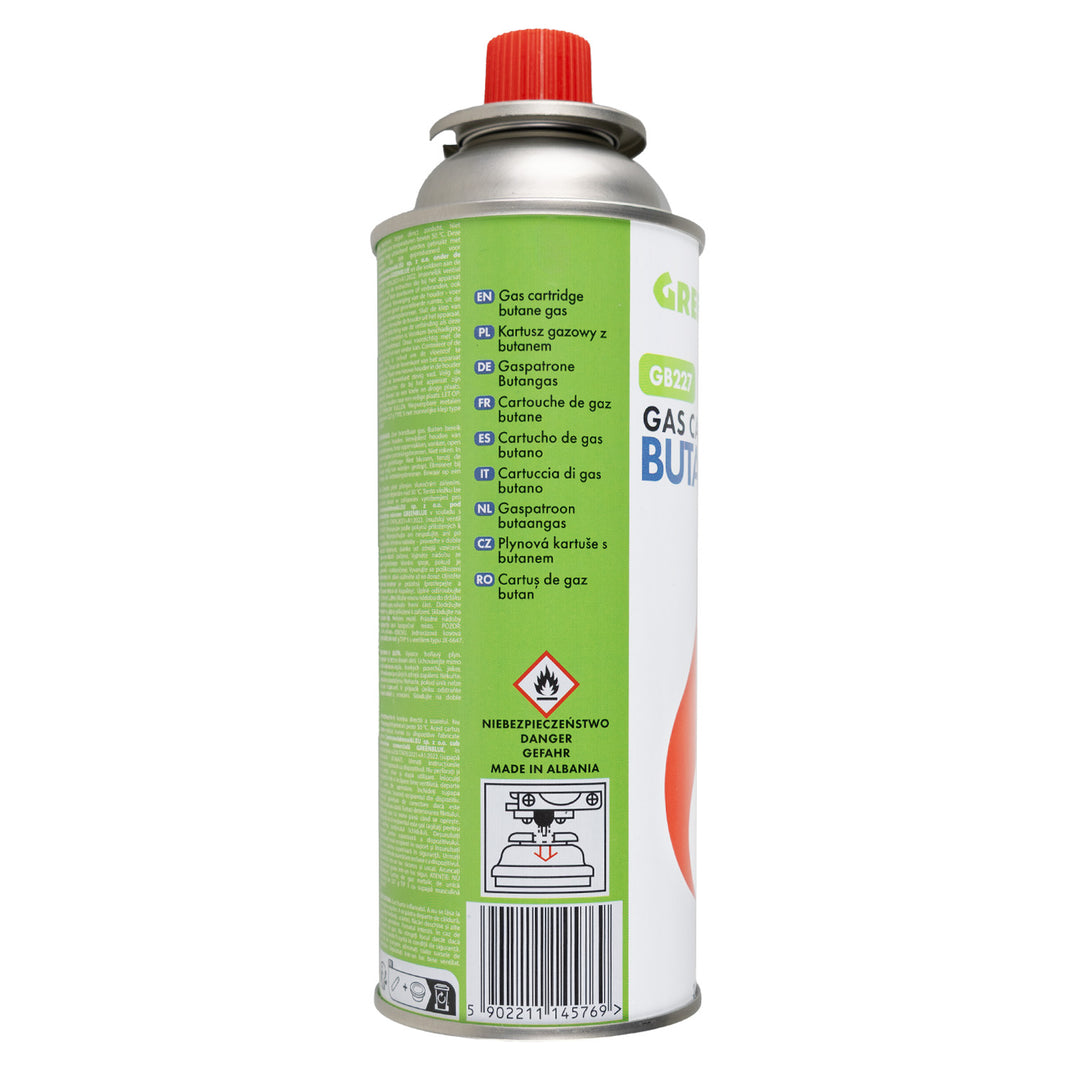 2 cartuchos de gas GreenBlue de 227 g. Certificado: Pi 0875, conforme a la norma EN 417, butano, rango de temperatura de funcionamiento: de -10 °C a +40 °C, GB227