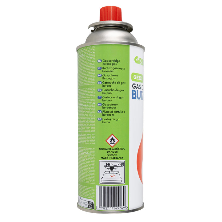 2 cartuchos de gas GreenBlue de 227 g. Certificado: Pi 0875, conforme a la norma EN 417, butano, rango de temperatura de funcionamiento: de -10 °C a +40 °C, GB227