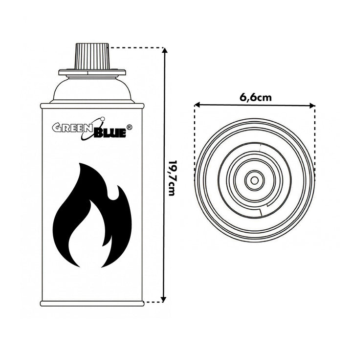 2 cartuchos de gas GreenBlue de 227 g. Certificado: Pi 0875, conforme a la norma EN 417, butano, rango de temperatura de funcionamiento: de -10 °C a +40 °C, GB227