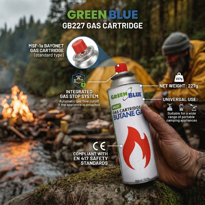 2 cartuchos de gas GreenBlue de 227 g. Certificado: Pi 0875, conforme a la norma EN 417, butano, rango de temperatura de funcionamiento: de -10 °C a +40 °C, GB227