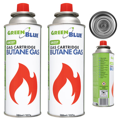 2 cartuchos de gas GreenBlue de 227 g. Certificado: Pi 0875, conforme a la norma EN 417, butano, rango de temperatura de funcionamiento: de -10 °C a +40 °C, GB227