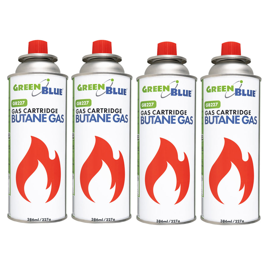 4 cartuchos de gas GreenBlue de 227 g. Certificado: Pi 0875, conforme a la norma EN 417, butano, rango de temperatura de funcionamiento de -10 °C a +40 °C, GB227