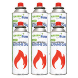 6 cartuchos de gas de 227 g GreenBlue. Certificado: Pi 0875, conforme a la norma EN 417, butano, rango de temperatura de funcionamiento de -10 °C a +40 °C, GB227