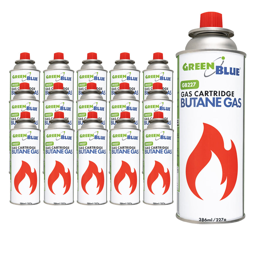 16 cartuchos de gas GreenBlue de 227 g. Certificado: Pi 0875, conforme a la norma EN 417, butano, rango de temperatura de funcionamiento: de -10 °C a +40 °C, GB227
