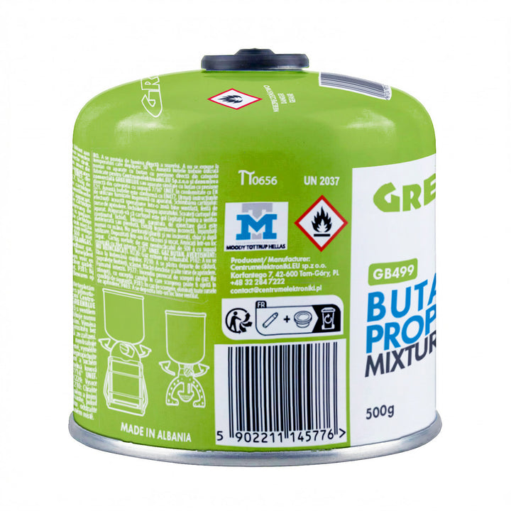 2 cartuchos de gas de 500 g GreenBlue. Certificado: Pi 0437, conforme a la norma EN 417, butano-propano, rango de temperatura de -10 °C a +40 °C, válvula roscada de 7/16'' GB499