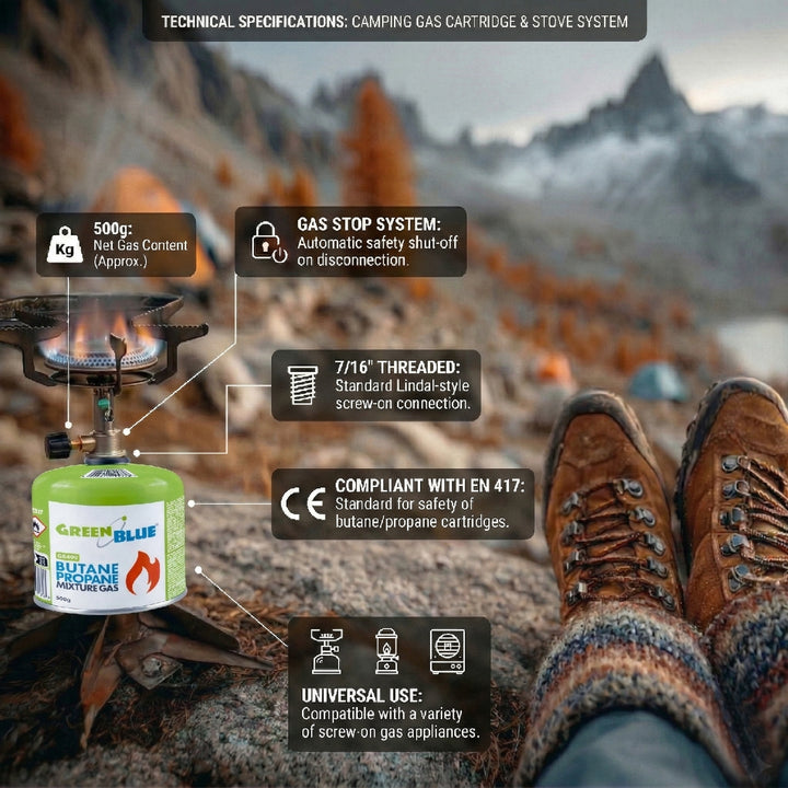 2 cartuchos de gas de 500 g GreenBlue. Certificado: Pi 0437, conforme a la norma EN 417, butano-propano, rango de temperatura de -10 °C a +40 °C, válvula roscada de 7/16'' GB499