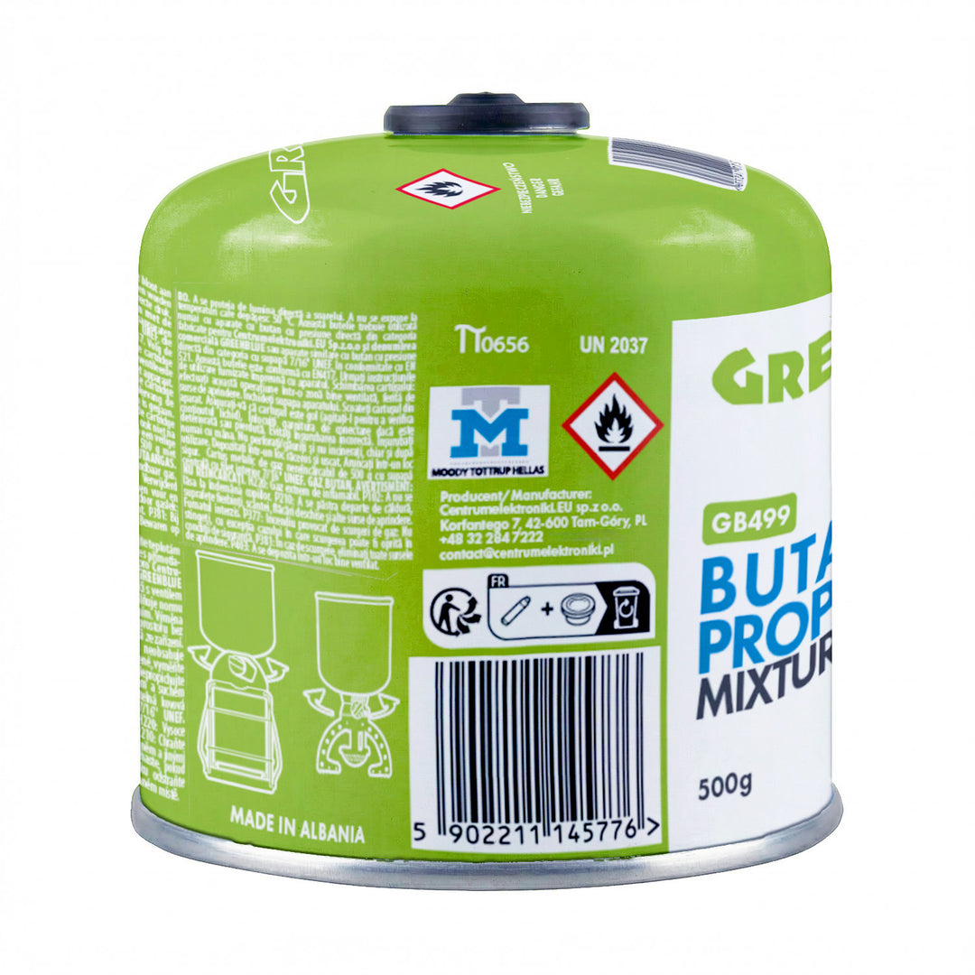 4 cartuchos de gas de 500 g GreenBlue. Certificado: Pi 0437, conforme a la norma EN 417, butano-propano, rango de temperatura de -10 °C a +40 °C, válvula roscada de 7/16'' GB499