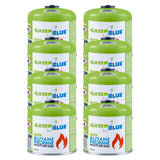 8 cartuchos de gas de 500 g GreenBlue. Certificado: Pi 0437, conforme a la norma EN 417, butano-propano, rango de temperatura de -10 °C a +40 °C, válvula roscada de 7/16'' GB499