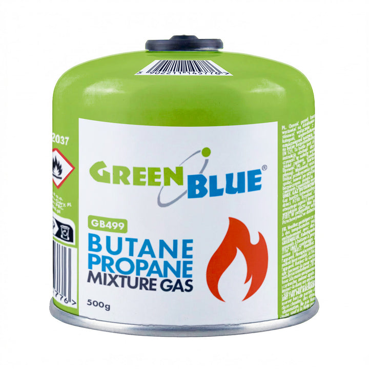 10 cartuchos de gas de 500 g GreenBlue. Certificado: Pi 0437, conforme a la norma EN 417, butano-propano, rango de temperatura de -10 °C a +40 °C, válvula roscada de 7/16'' GB499