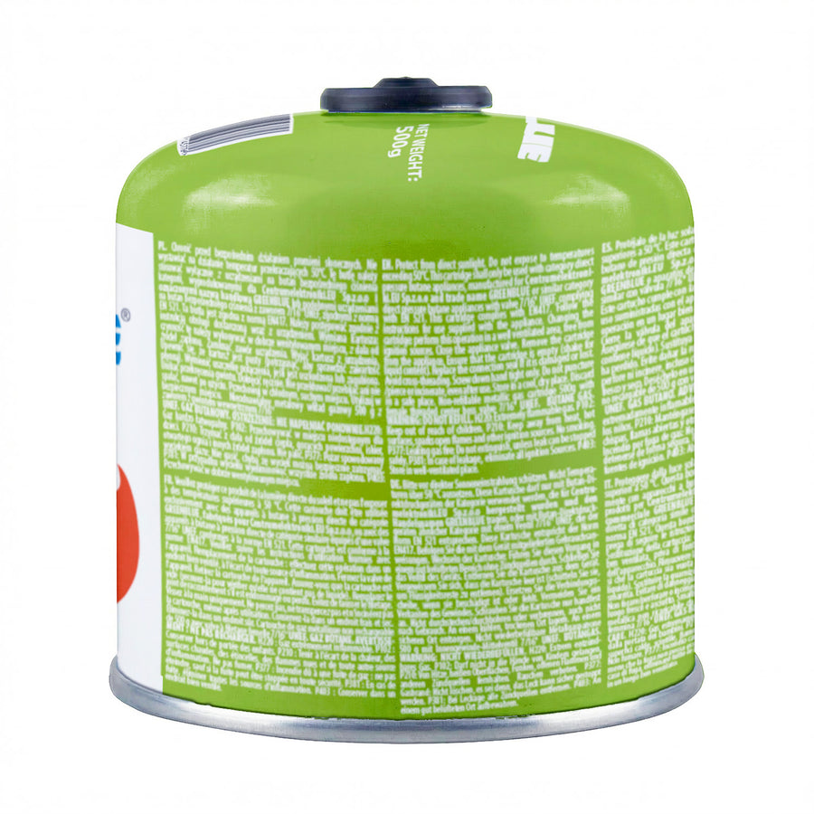 10 cartuchos de gas de 500 g GreenBlue. Certificado: Pi 0437, conforme a la norma EN 417, butano-propano, rango de temperatura de -10 °C a +40 °C, válvula roscada de 7/16'' GB499