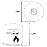 10 cartuchos de gas de 500 g GreenBlue. Certificado: Pi 0437, conforme a la norma EN 417, butano-propano, rango de temperatura de -10 °C a +40 °C, válvula roscada de 7/16'' GB499