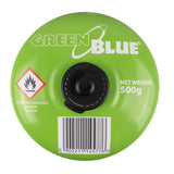 12 cartuchos de gas de 500 g GreenBlue. Certificado: Pi 0437, conforme a la norma EN 417, butano-propano, rango de temperatura de -10 °C a +40 °C, válvula roscada de 7/16'' GB499