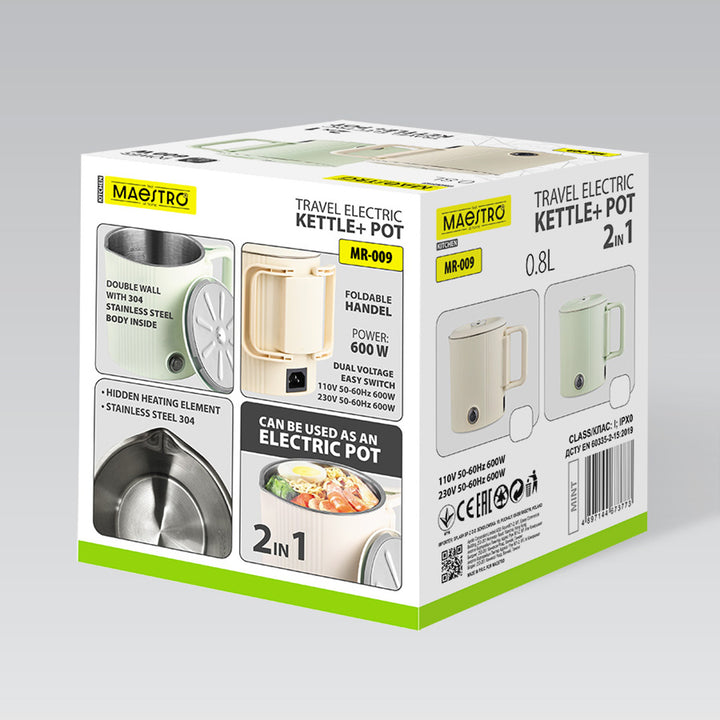 Hervidor eléctrico / olla de viaje Maestro, 2 en 1, capacidad de 0,8 l, potencia de 600 W, asa plegable, selector de voltaje 110 V/230 V, color menta, MR-009-MINT