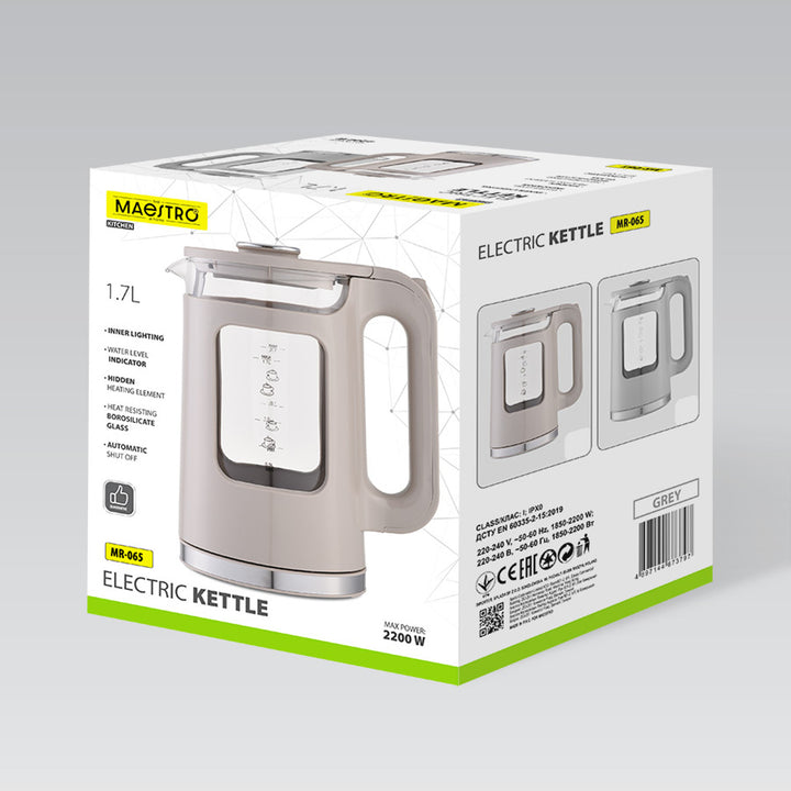 Hervidor eléctrico de cristal Maestro, capacidad de 1,7 l, potencia de 2200 W, indicador de nivel de agua, iluminación LED, base giratoria, color beige, MR-065-BEIGE