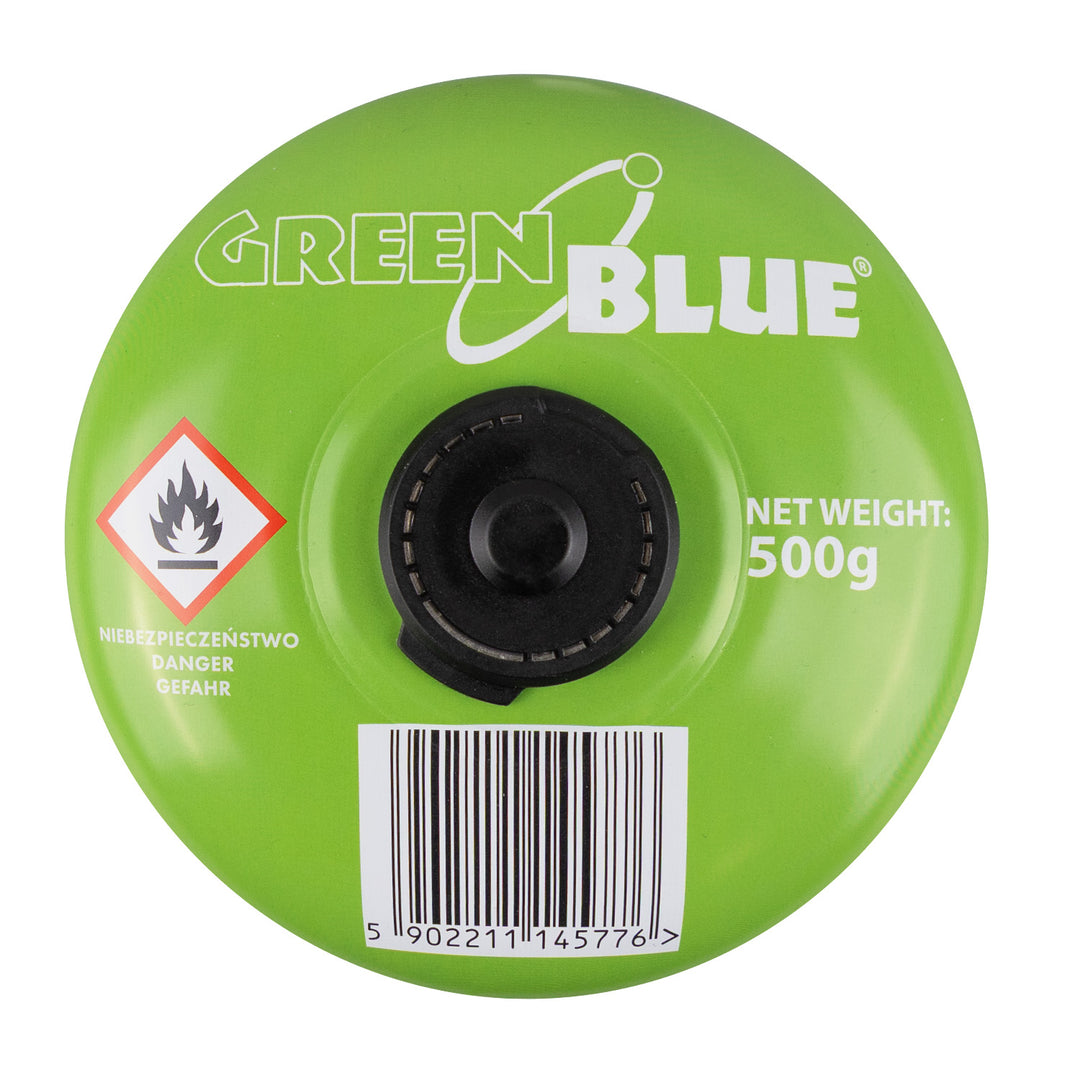 Cartucho de gas GreenBlue de 500 g, 24 unidades. Certificado: Pi 0437, conforme a la norma EN 417, butano-propano, rango de temperatura de -10 °C a +40 °C, válvula roscada de 7/16'' GB499