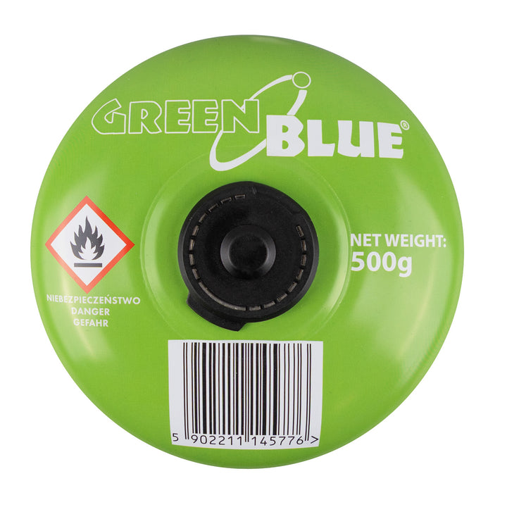 Cartucho de gas GreenBlue de 500 g, 24 unidades. Certificado: Pi 0437, conforme a la norma EN 417, butano-propano, rango de temperatura de -10 °C a +40 °C, válvula roscada de 7/16'' GB499