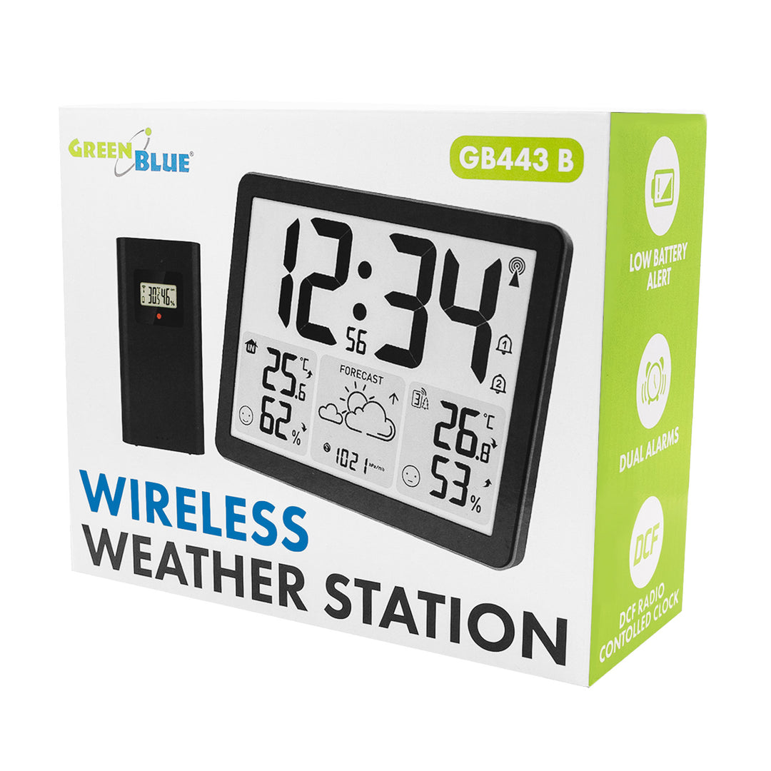 Estación meteorológica inalámbrica GreenBlue, temperatura y humedad interior/exterior, reloj/alarma/fecha, °C / °F, alcance de hasta 60 m, GB443 B
