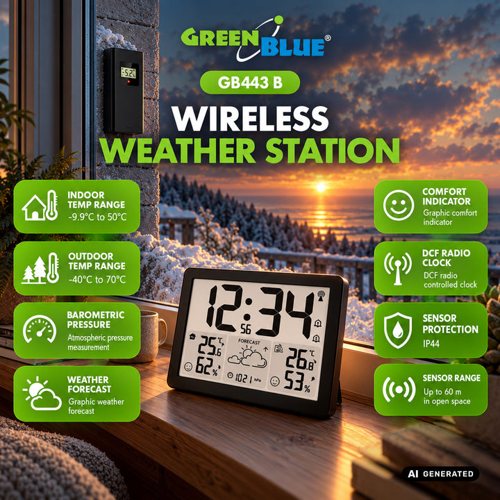 Estación meteorológica inalámbrica GreenBlue, temperatura y humedad interior/exterior, reloj/alarma/fecha, °C / °F, alcance de hasta 60 m, GB443 B