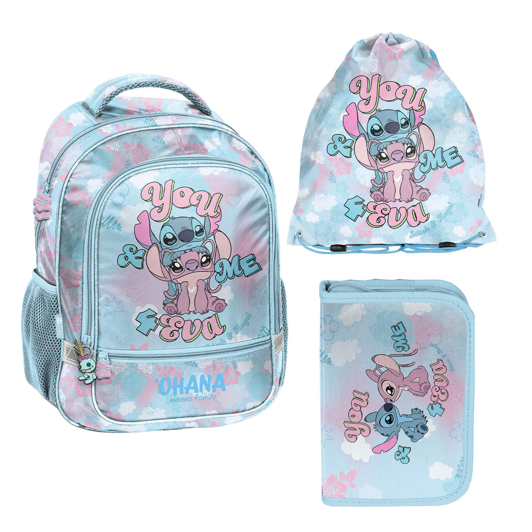 Set escolar Stitch Paso, mochila con dos compartimentos, elementos reflectantes y espalda reforzada, estuche sin material y con asas para los utensilios, bolsa para zapatos que se puede llevar a la espalda, DS26WW