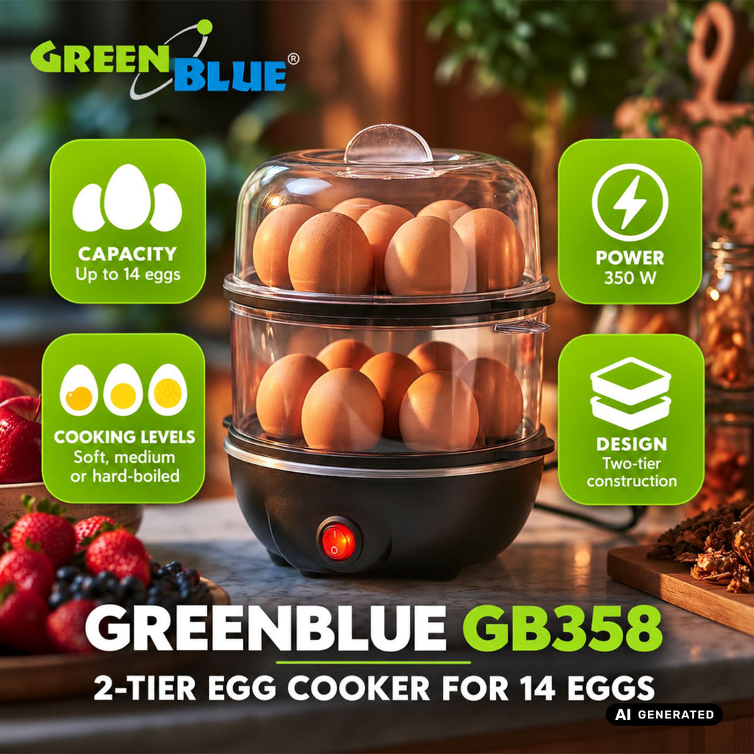 Huevera de 2 niveles para 14 huevos GreenBlue, potencia de 350 W, capacidad para 14 huevos, 220-240 V~, 50/60 Hz, GB358