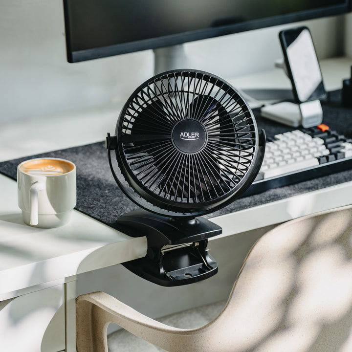 Ventilador de mesa con clip, recargable, 15,5 cm, giro de 360°, USB-C, Adler