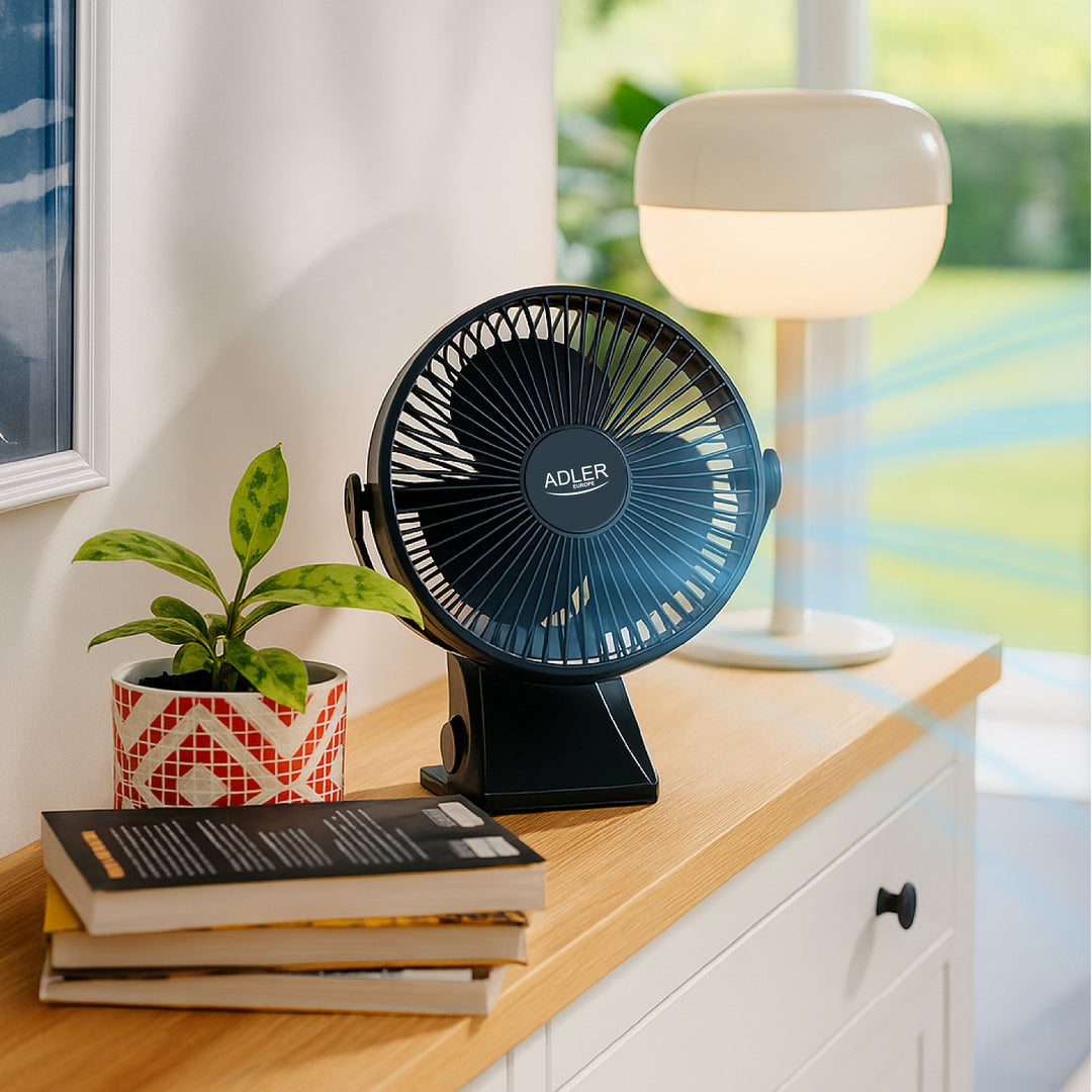 Ventilador de mesa con clip, recargable, 15,5 cm, giro de 360°, USB-C, Adler