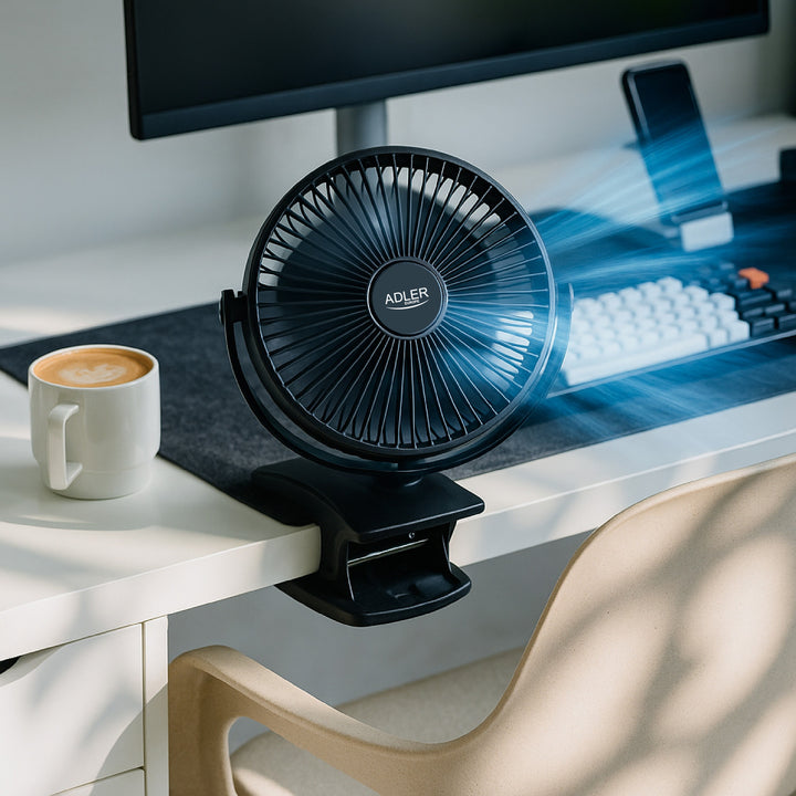 Ventilador de mesa con clip, recargable, 15,5 cm, giro de 360°, USB-C, Adler