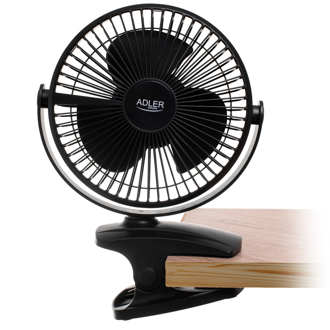 Ventilador de mesa con clip, recargable, 15,5 cm, giro de 360°, USB-C, Adler