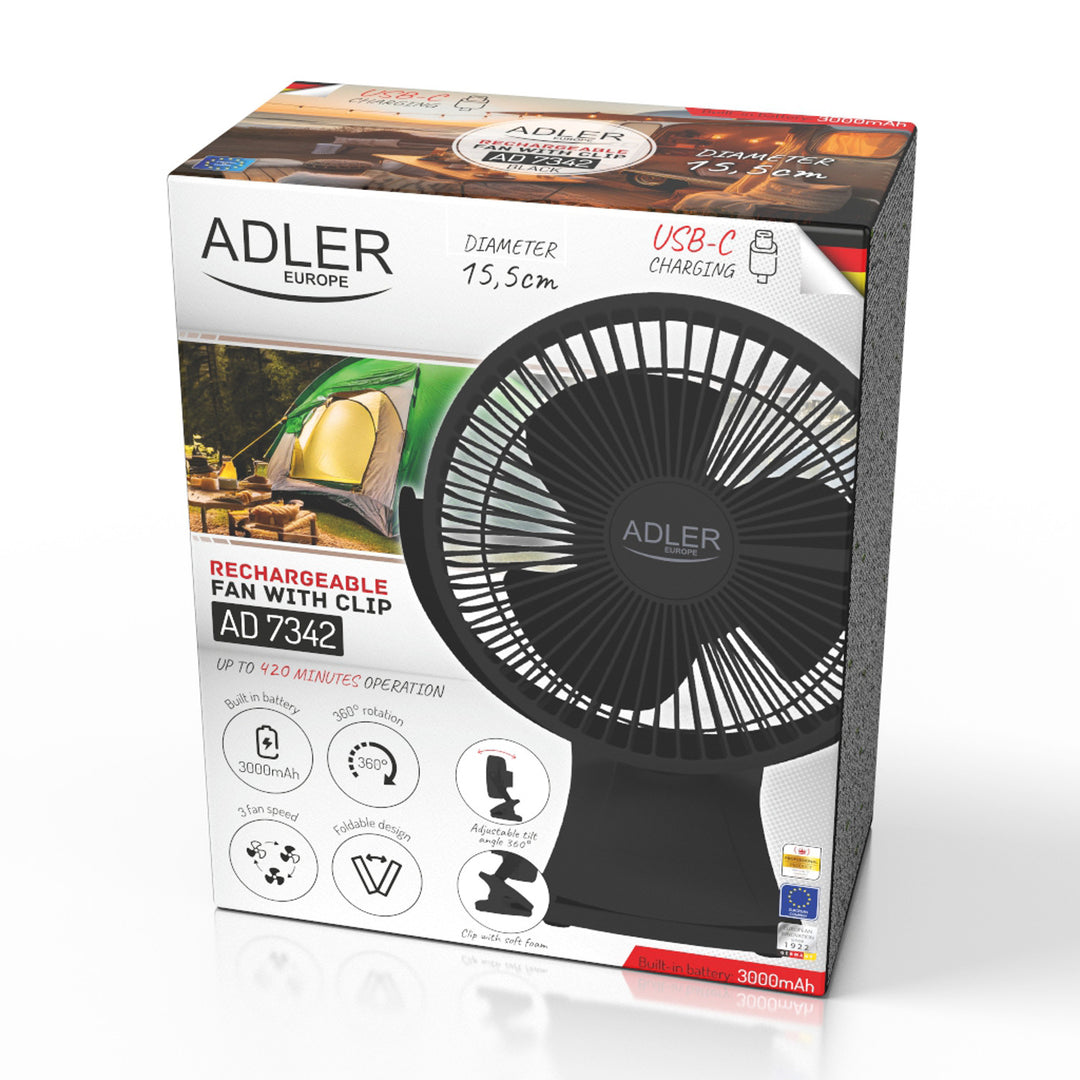 Ventilador de mesa con clip, recargable, 15,5 cm, giro de 360°, USB-C, Adler