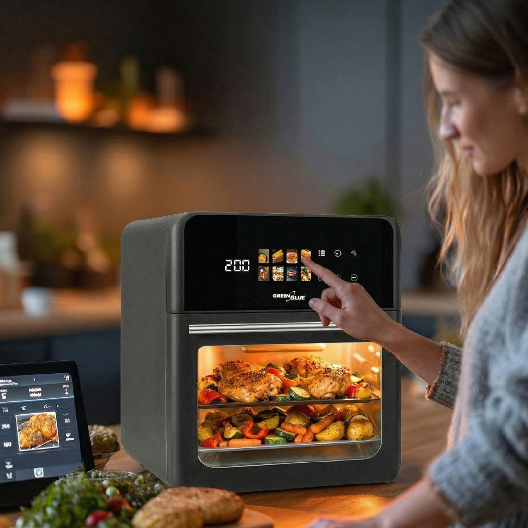 Freidora sin aceite AIR FRYER GreenBlue, potencia de 1800 W, capacidad de 10 l, 8 programas, accesorios, temporizador, GB950 + 100 bolsas de papel de 16 cm