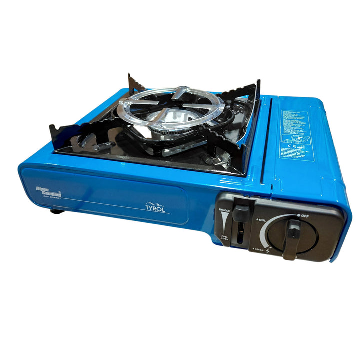 Hornillo de camping Alpen Camping, potencia: 2,0 kW, consumo de gas: 146 g/h, encendido piezoeléctrico, TYROL+ 4 cartuchos de gas de 227 g GreenBlue. Certificado: Pi 0875, conforme a la norma EN 417