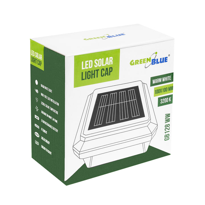 Lámpara LED solar para poste GreenBlue, 100 x 100 mm, cubierta en forma de sobre, 3200 K, GB128 WW, 2 unidades