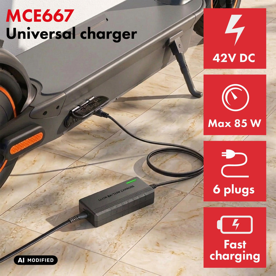 Cargador universal / Fuente de alimentación Maclean Energy, para patinetes, 42 V CC, 2 A, máx. 85 W, carga rápida, 6 enchufes, MCE667