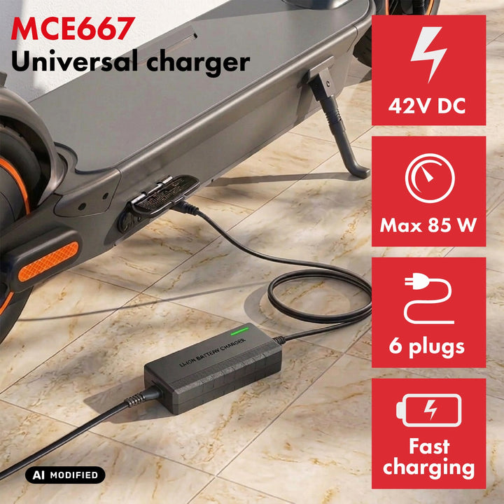Cargador universal / Fuente de alimentación Maclean Energy, para patinetes, 42 V CC, 2 A, máx. 85 W, carga rápida, 6 enchufes, MCE667