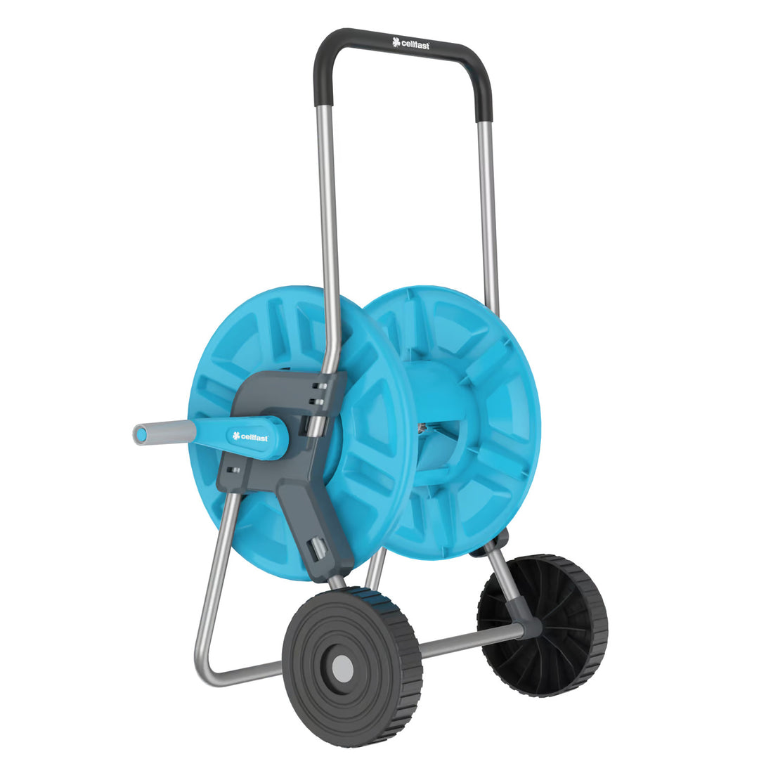 Carro para manguera Cellfast Aluplus de 1/2" y 60 m + manguera de jardín Cellfast Quattro de 1/2" y 15 m + juego con aspersor recto Cellfast Basic de 1/2"