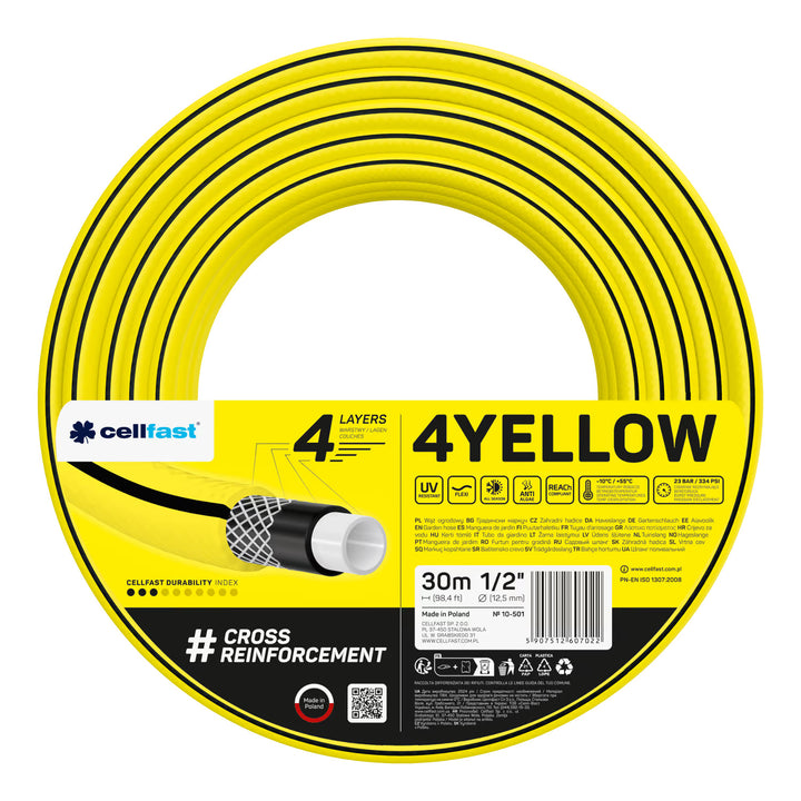 Carro para manguera Cellfast Aluplus de 1/2" y 60 m + manguera de jardín Cellfast 4YELLOW de 1/2" y 30 m + juego con aspersor recto Cellfast Basic de 1/2"