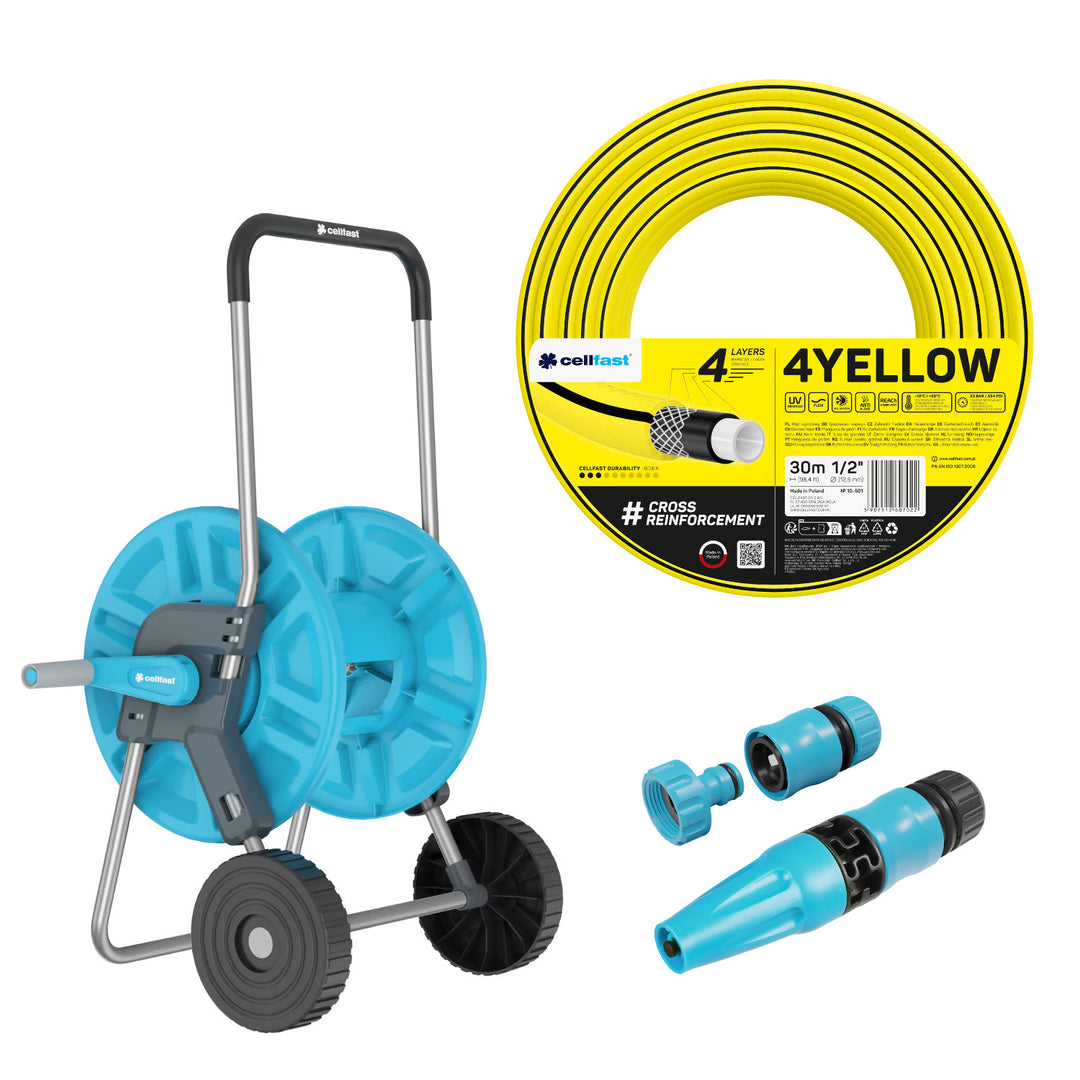 Carro para manguera Cellfast Aluplus de 1/2" y 60 m + manguera de jardín Cellfast 4YELLOW de 1/2" y 30 m + juego con aspersor recto Cellfast Basic de 1/2"