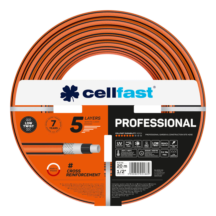Carro para manguera Cellfast Aluplus de 1/2" y 60 m + Manguera de jardín Cellfast PROFESSIONAL de 1/2" y 20 m + Set con aspersor recto Cellfast Basic de 1/2"