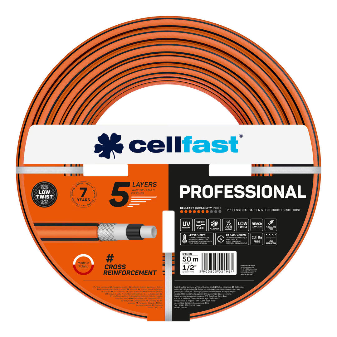 Carro para manguera Cellfast Aluplus de 1/2" y 60 m + Manguera de jardín Cellfast PROFESSIONAL de 1/2" y 50 m + Set con aspersor recto Cellfast Basic de 1/2"